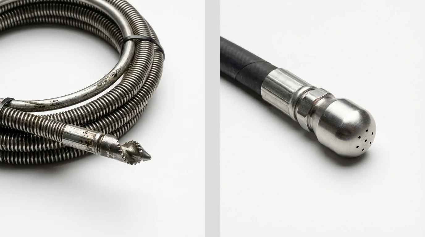Drain snake cable and hydro jetting nozzle used for drain cleaning in Acton, ME