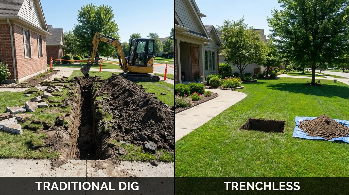 Trenchless sewer repair with minimal yard damage versus traditional excavation in Acton, ME
