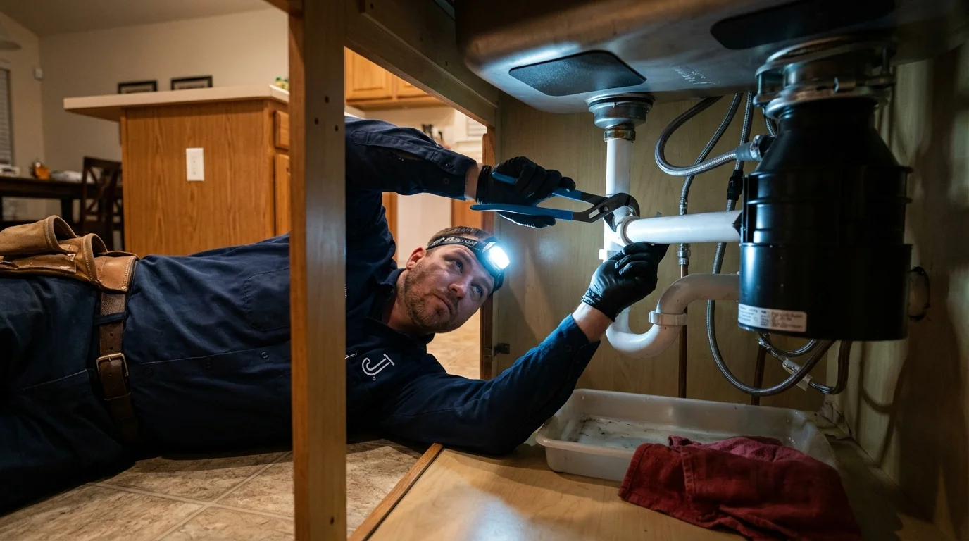 P-trap and supply line connections under a kitchen sink showing a common leak point in Acton, ME